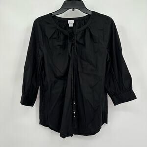 Chicos Women Boho Peasant Top Size 1 US M Black Tassel Tie 3/4 Sleeve Minimalist